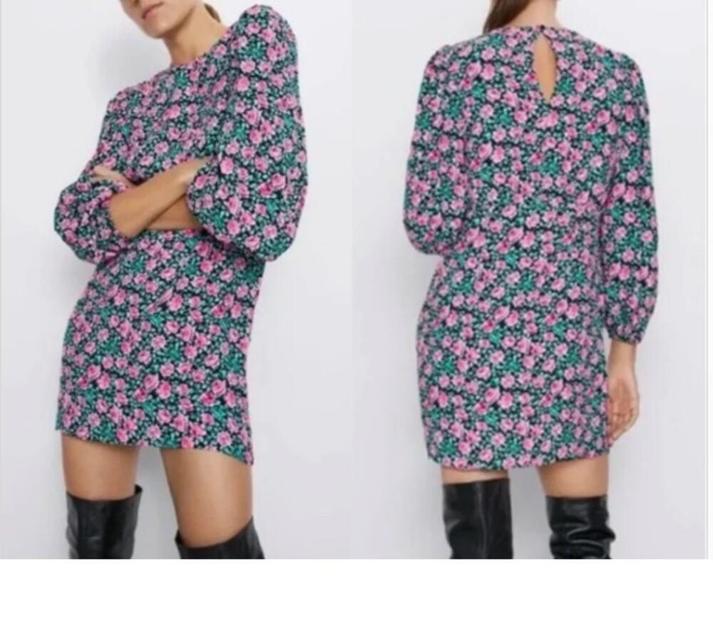 Zara Floral Balloon Long Sleeve Mini Dress Size Small Roses Cottagecore